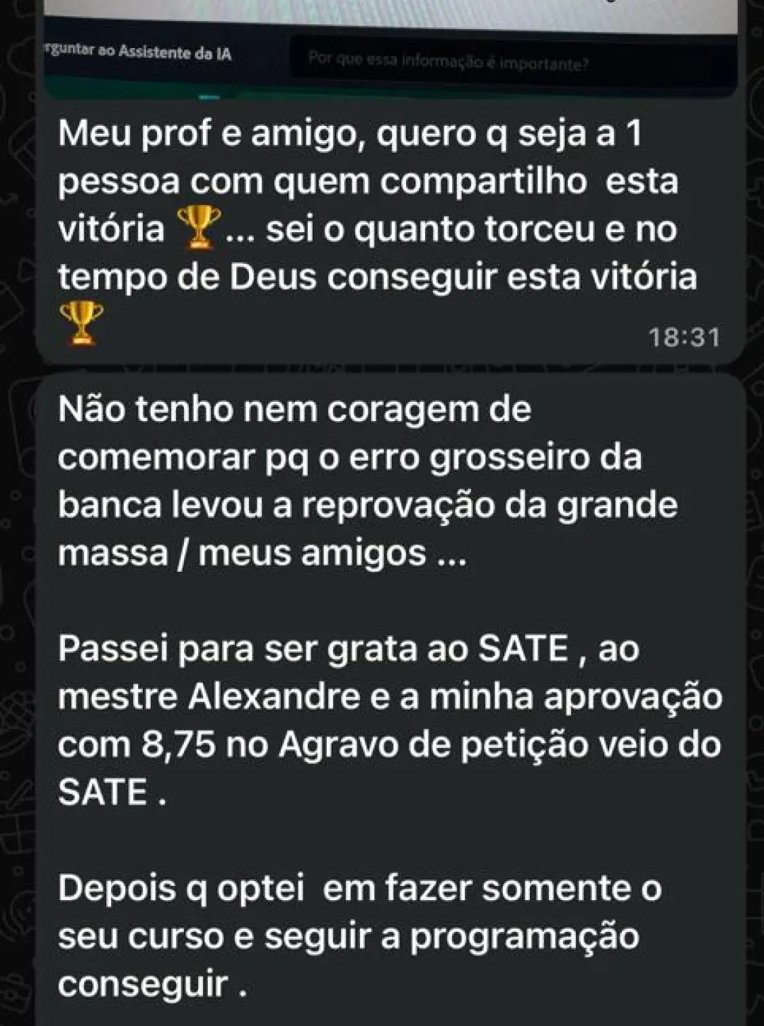 Depoimento de aluno aprovado pelo Método SATE
